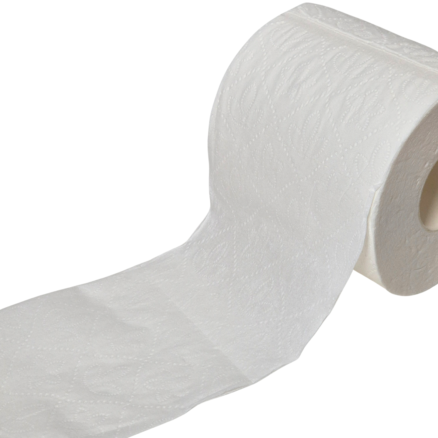 White paper towel roll on a white background. Whisper's 3644 embossing design. Toilet tissue, toilet paper, toilet paper embossing, white, rolled out, close up