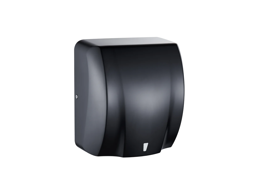 Black Astute electric hand dryer, Emvino,. silver metallic look, metal, white background 