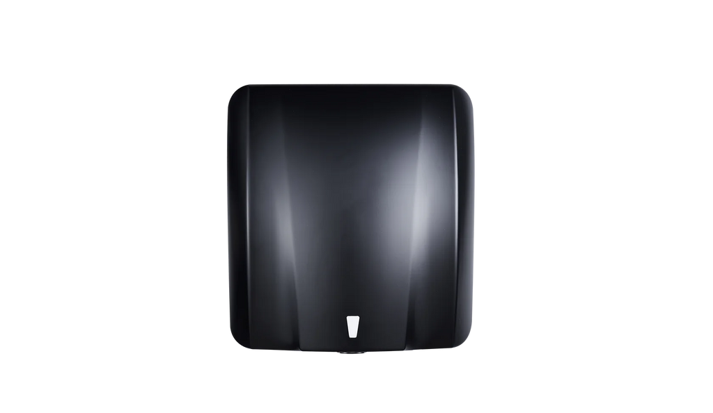 Black Astute electric hand dryer, Emvino,. silver metallic look, metal, white background 
