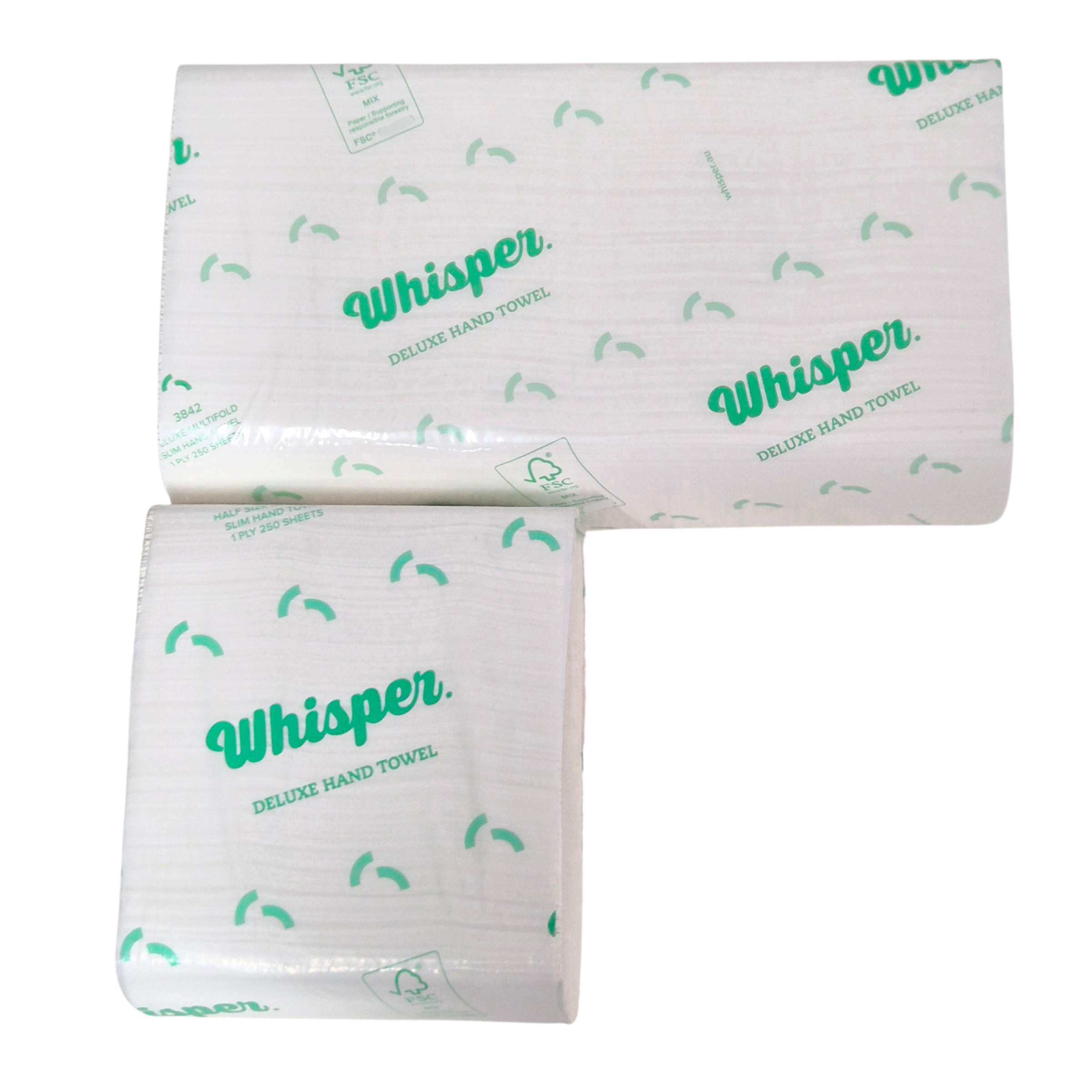 Whisper 3848, Duluxe paper hand towel, Half Size Multifold Slim Hand Towel 1PLY, clear wrapper, green whisper logo and text on packaging, white background