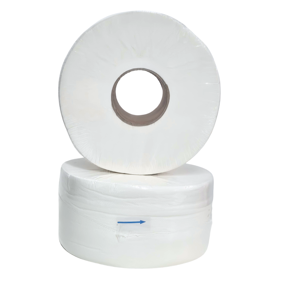 Whisper mini jumbo toilet roll, white, virgin wood material, toilet paper jumbo roll, smaller jumbo, 2712, poly wrapped, plastic wrapper, two jumbos stacked on top of each other