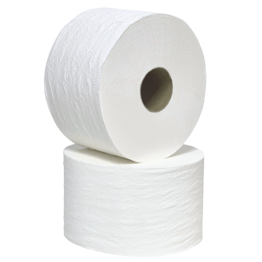 Whisper junior jumbo toilet tissue roll, toilet paper jumbo, white virgin wood pulp, great for high traffic areas, 2718, stacked on top of each other