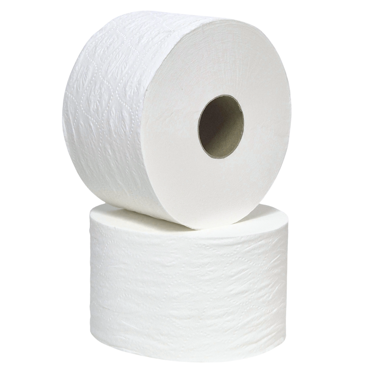 Whisper junior jumbo toilet tissue roll, toilet paper jumbo, white virgin wood pulp, great for high traffic areas, 2718, stacked on top of each other