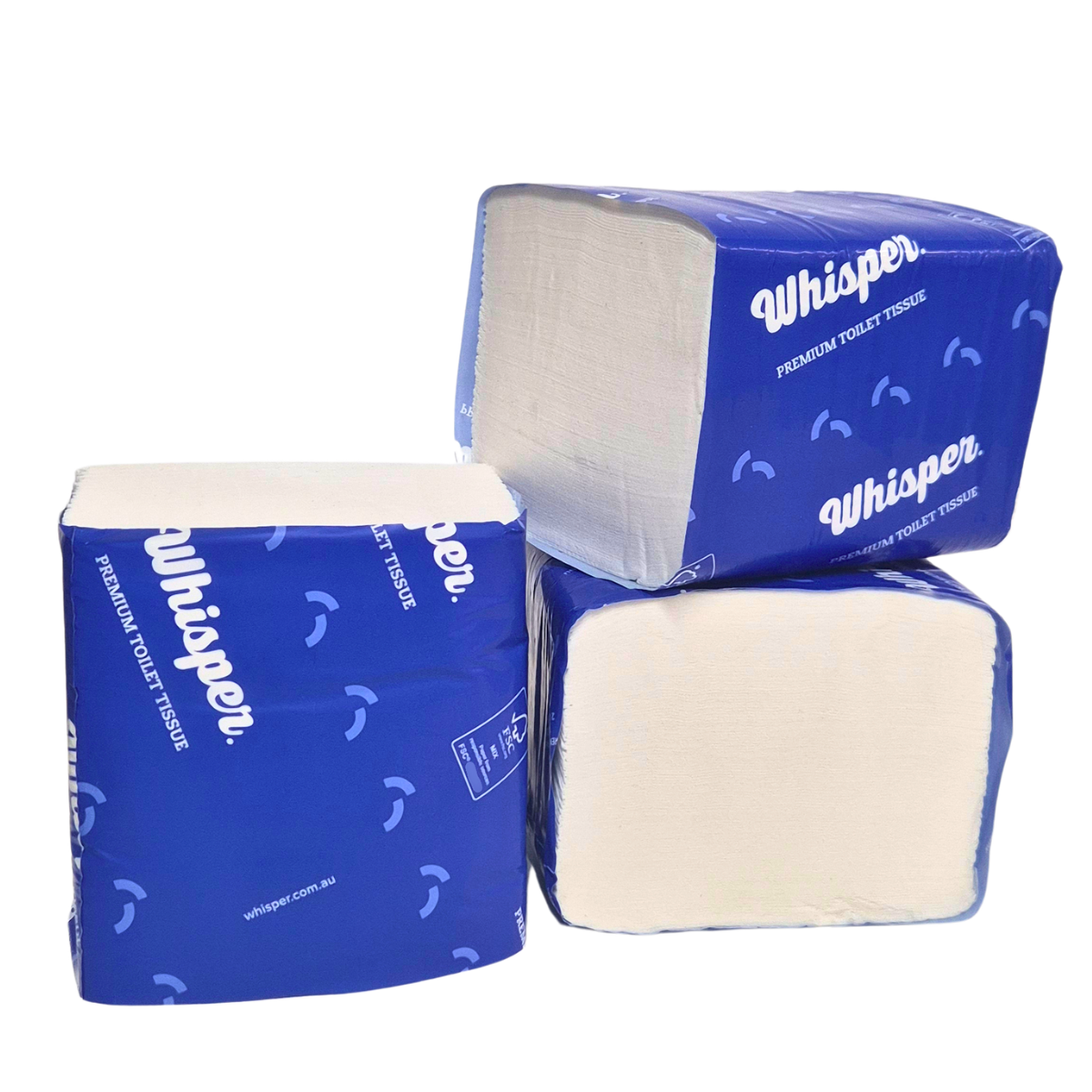 A pack of interleaved 2ply toilet tissue with the brand 'Whisper' printed in blue text on a white background, indicating a premium quality product, toilet paper, high traffic washrooms