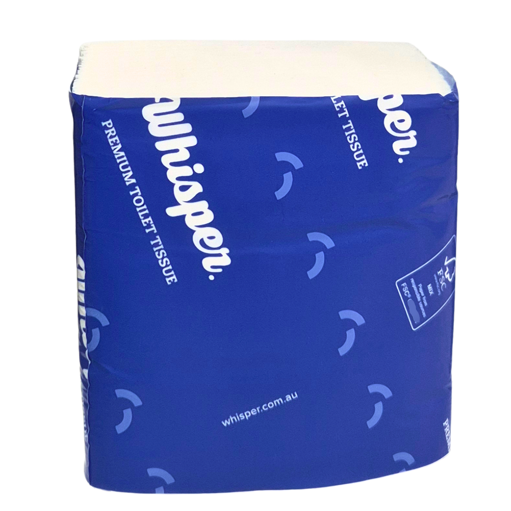 A pack of interleaved 2ply toilet tissue with the brand 'Whisper' printed in blue text on a white background, indicating a premium quality product, toilet paper, high traffic washrooms