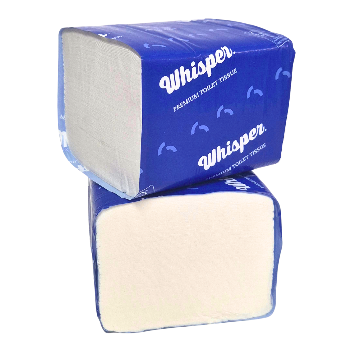 A pack of interleaved 2ply toilet tissue with the brand 'Whisper' printed in blue text on a white background, indicating a premium quality product, toilet paper, high traffic washrooms