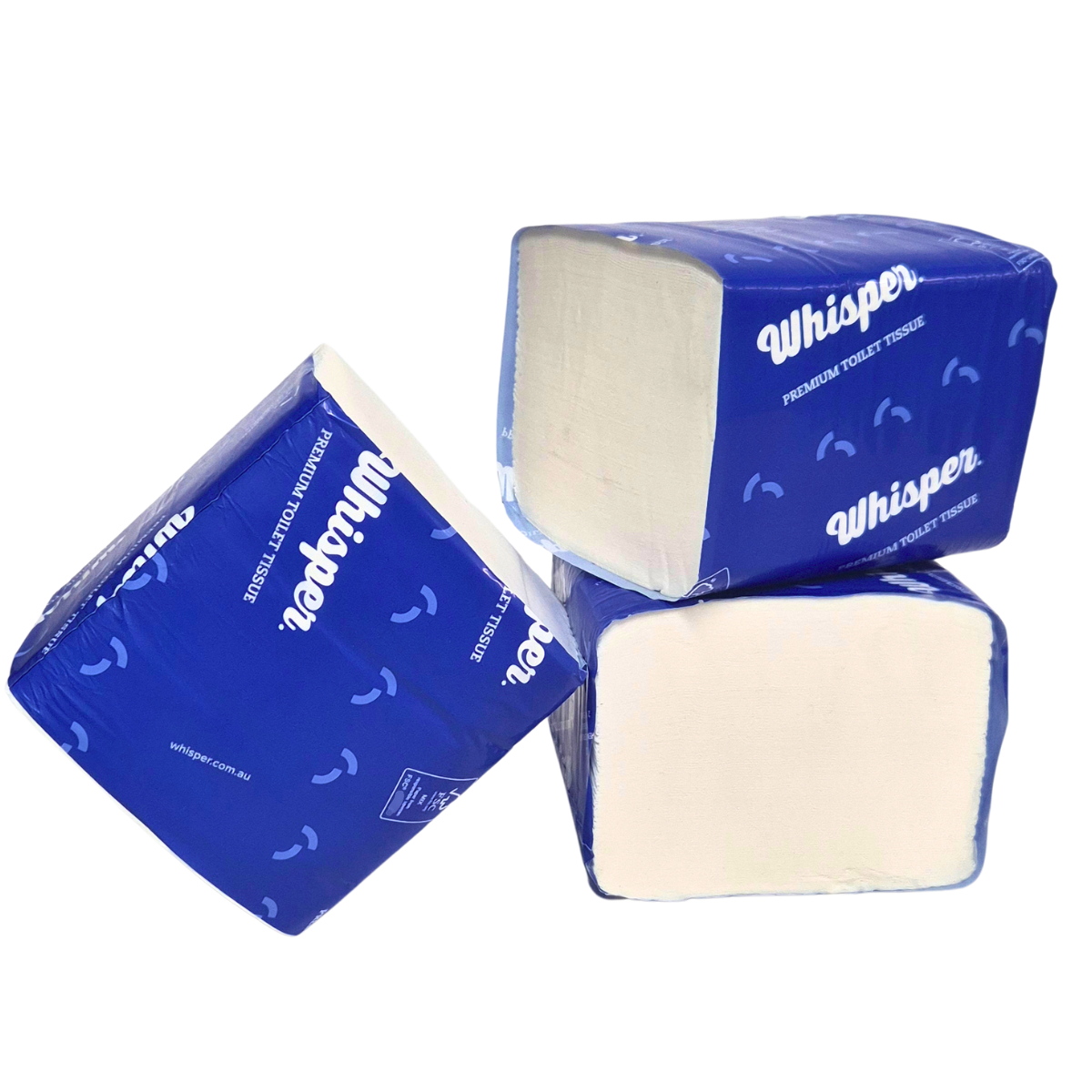 A pack of interleaved 2ply toilet tissue with the brand 'Whisper' printed in blue text on a white background, indicating a premium quality product, toilet paper, high traffic washrooms
