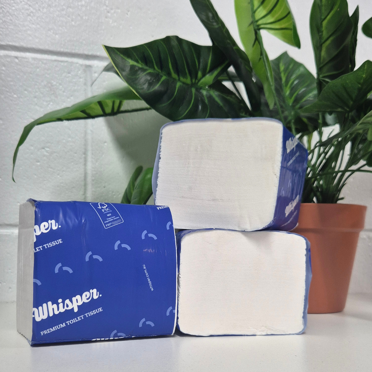 A pack of interleaved 2ply toilet tissue with the brand 'Whisper' printed in blue text on a white background, indicating a premium quality product, toilet paper, high traffic washrooms, plant in background, white brick and white floor