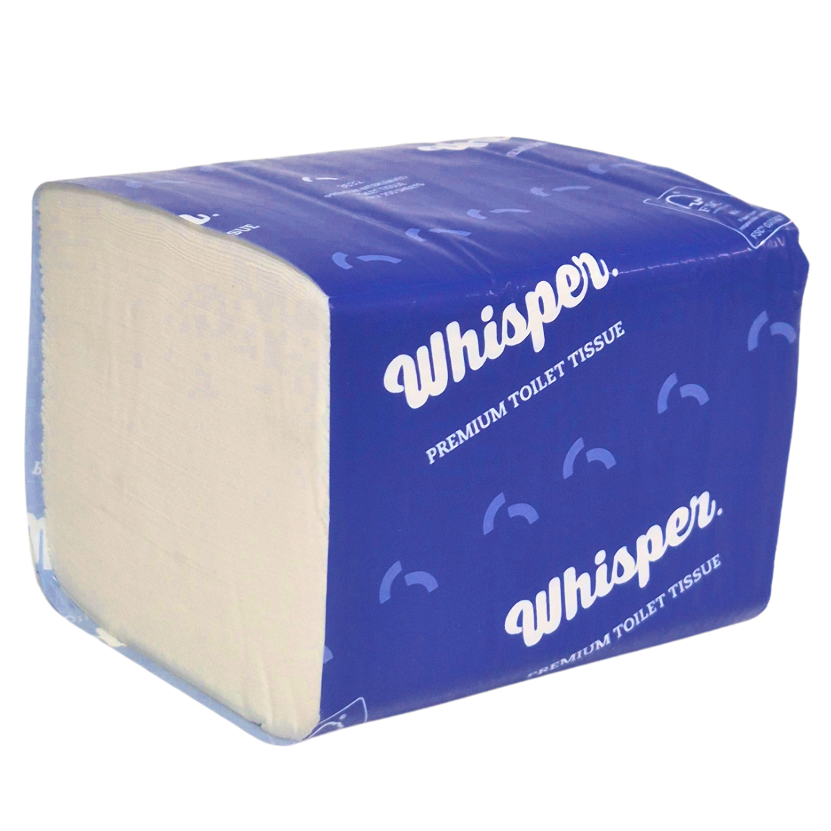 A pack of interleaved 2ply toilet tissue with the brand 'Whisper' printed in blue text on a white background, indicating a premium quality product, toilet paper, high traffic washrooms