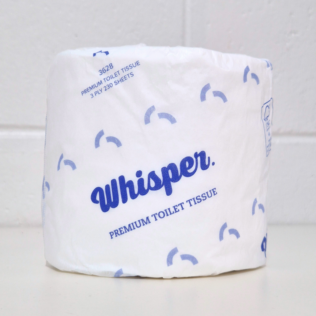 A premium 3ply toilet roll, embossed for strength and softness. 230 sheets of the best 3ply virgin pulp. When only the best is required. Whisper Paper, toilet tissue, toilet paper, white and blue wrapper, premium toilet paper, white brick background, FSC