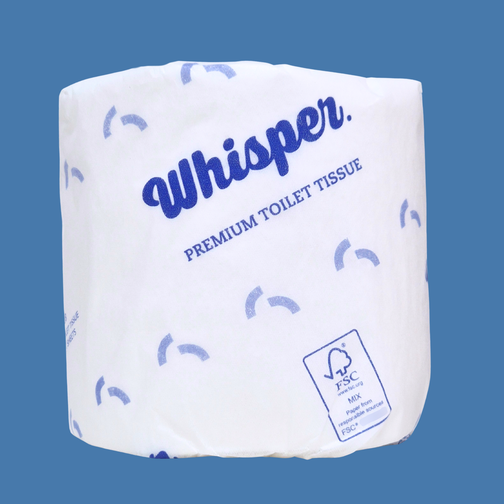 A premium 3ply toilet roll, embossed for strength and softness. 230 sheets of the best 3ply virgin pulp. When only the best is required. Whisper Paper, toilet tissue, toilet paper, white and blue wrapper, premium toilet paper, blue background, FSC