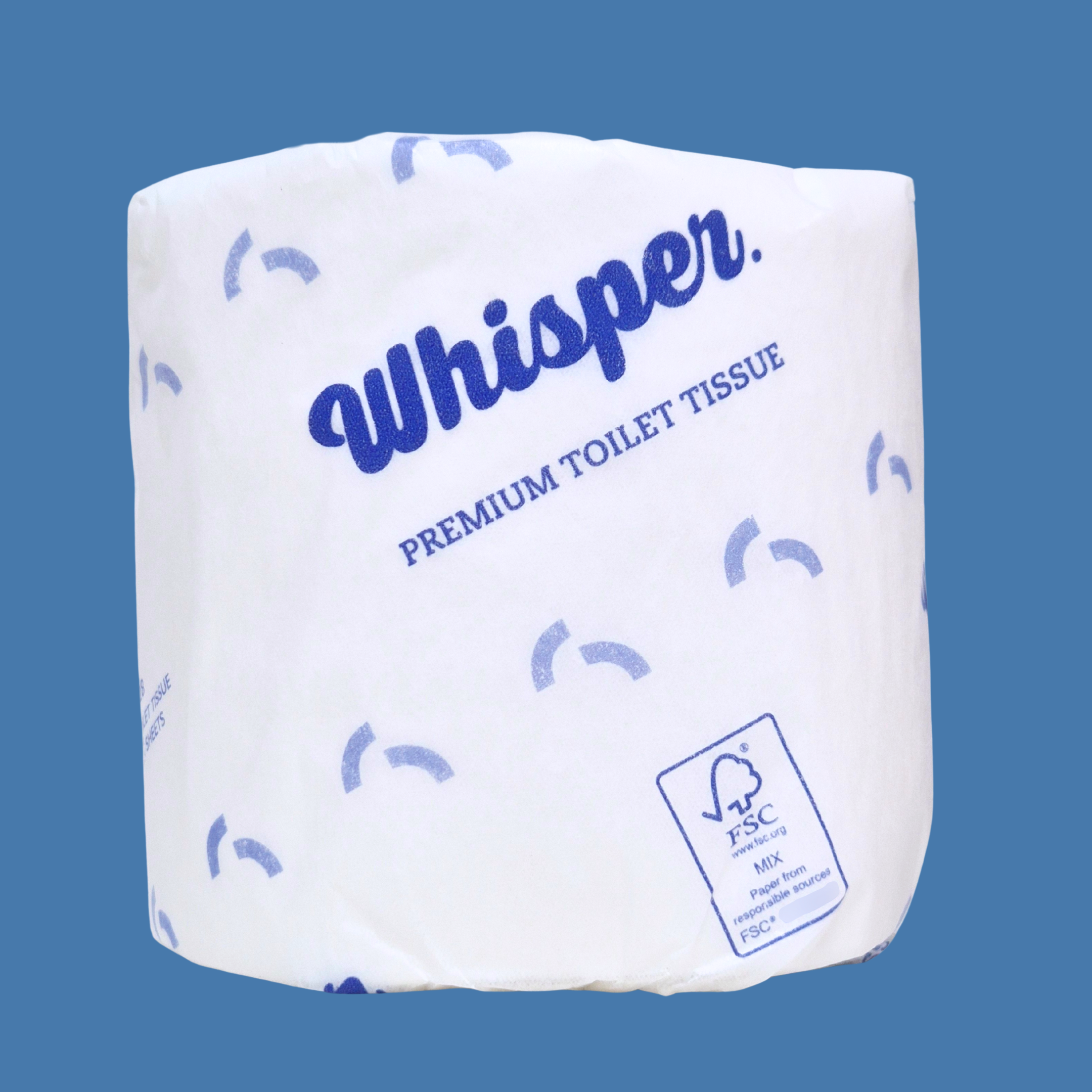 A premium 3ply toilet roll, embossed for strength and softness. 230 sheets of the best 3ply virgin pulp. When only the best is required. Whisper Paper, toilet tissue, toilet paper, white and blue wrapper, premium toilet paper, blue background, FSC