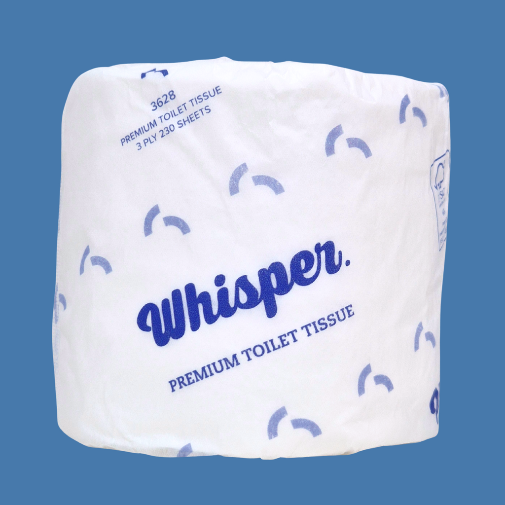 A premium 3ply toilet roll, embossed for strength and softness. 230 sheets of the best 3ply virgin pulp. When only the best is required. Whisper Paper, toilet tissue, toilet paper, white and blue wrapper, premium toilet paper, blue background, FSC