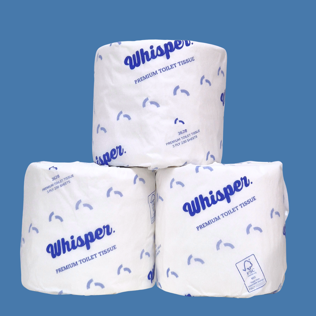 A premium 3ply toilet roll, embossed for strength and softness. 230 sheets of the best 3ply virgin pulp. When only the best is required. Whisper Paper, toilet tissue, toilet paper, white and blue wrapper, premium toilet paper, blue background, FSC, 3 rolls stacked