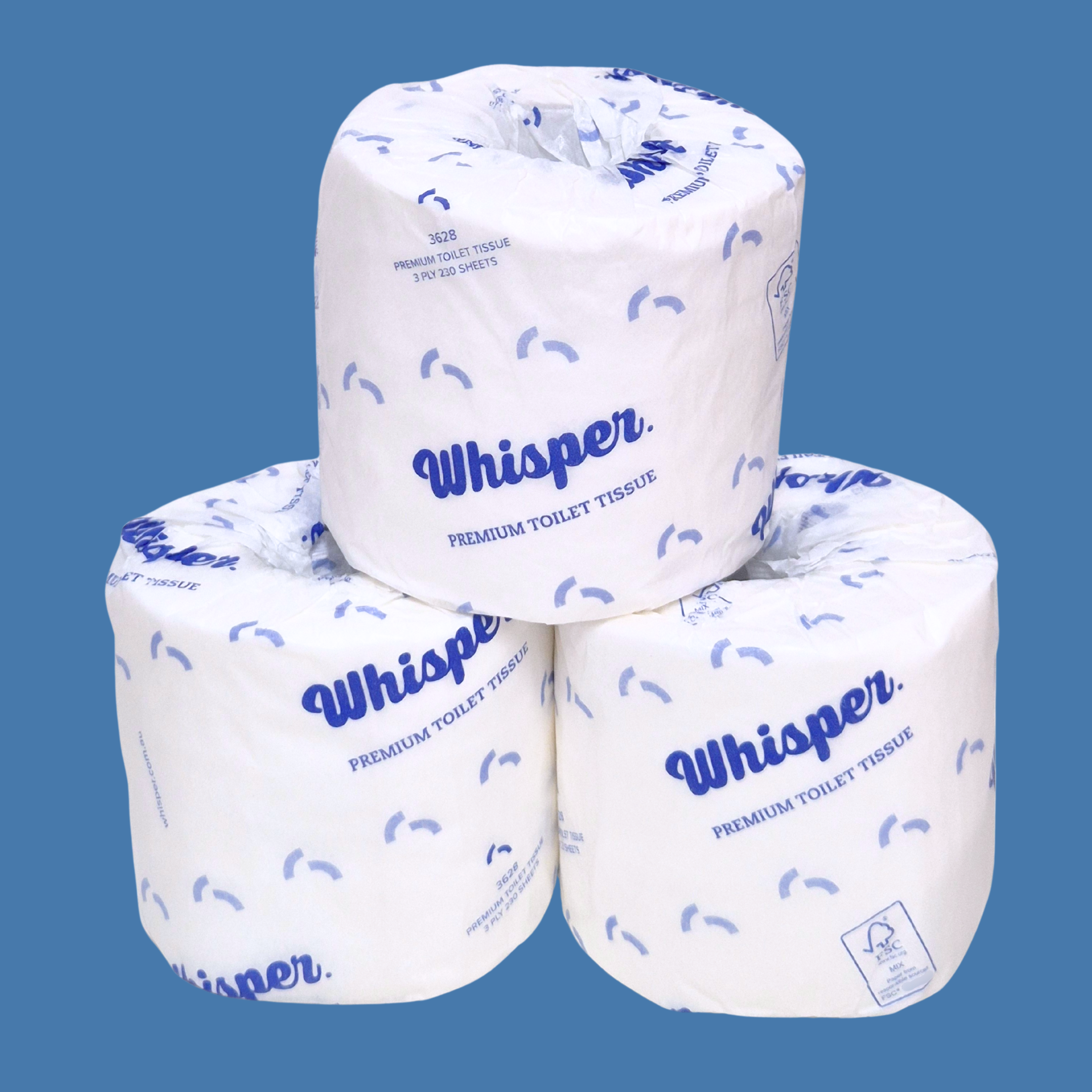 A premium 3ply toilet roll, embossed for strength and softness. 230 sheets of the best 3ply virgin pulp. When only the best is required. Whisper Paper, toilet tissue, toilet paper, white and blue wrapper, premium toilet paper, blue background, FSC, 3 rolls stacked