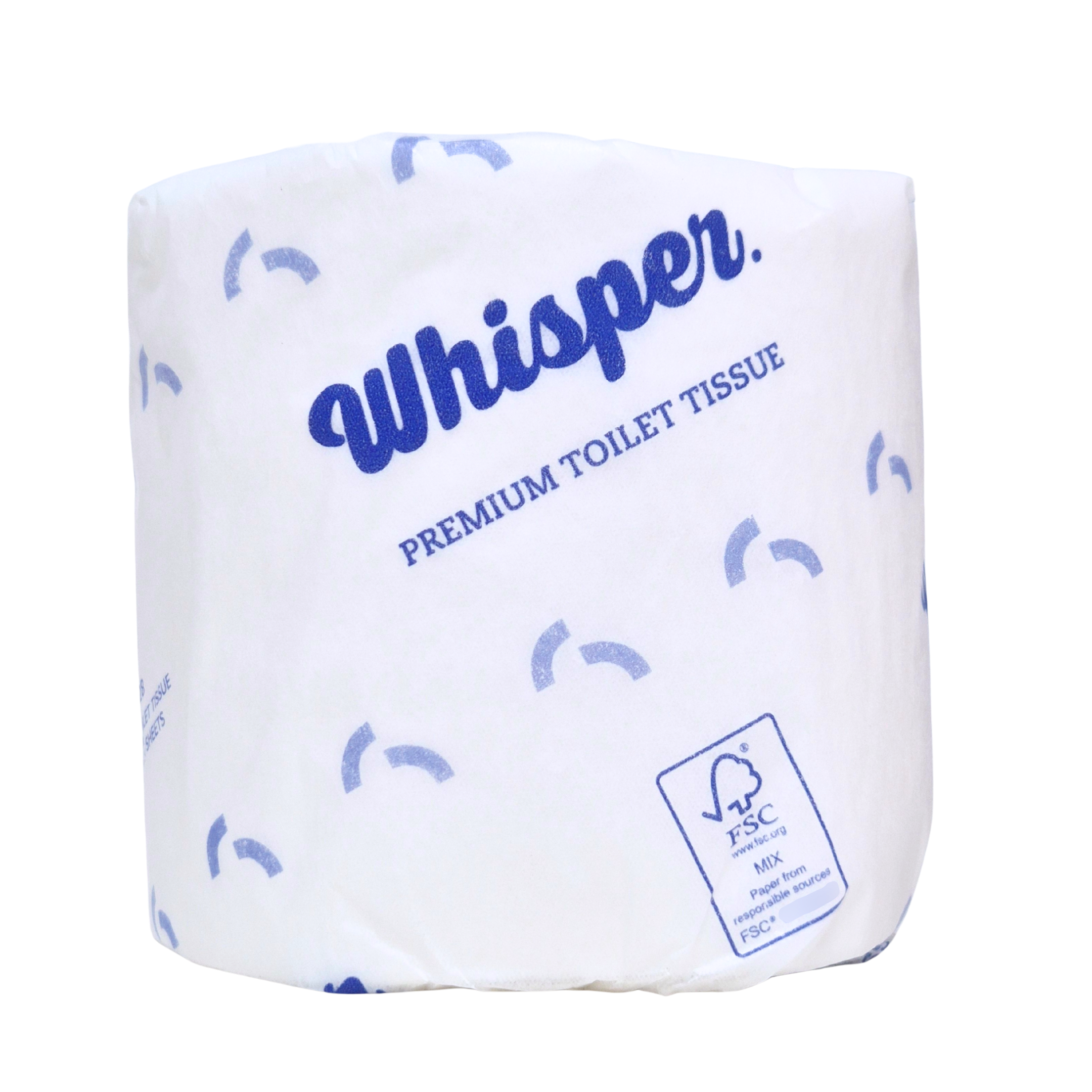 A premium 3ply toilet roll, embossed for strength and softness. 230 sheets of the best 3ply virgin pulp. When only the best is required. Whisper Paper, toilet tissue, toilet paper, white and blue wrapper, premium toilet paper, white background, FSC