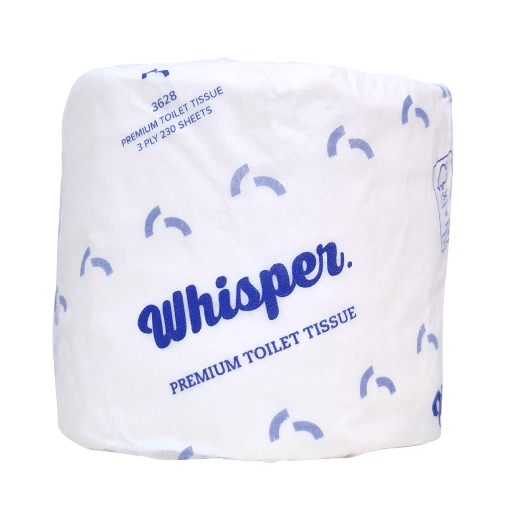 A premium 3ply toilet roll, embossed for strength and softness. 230 sheets of the best 3ply virgin pulp. When only the best is required. Whisper Paper, toilet tissue, toilet paper, white and blue wrapper, premium toilet paper, white background, FSC