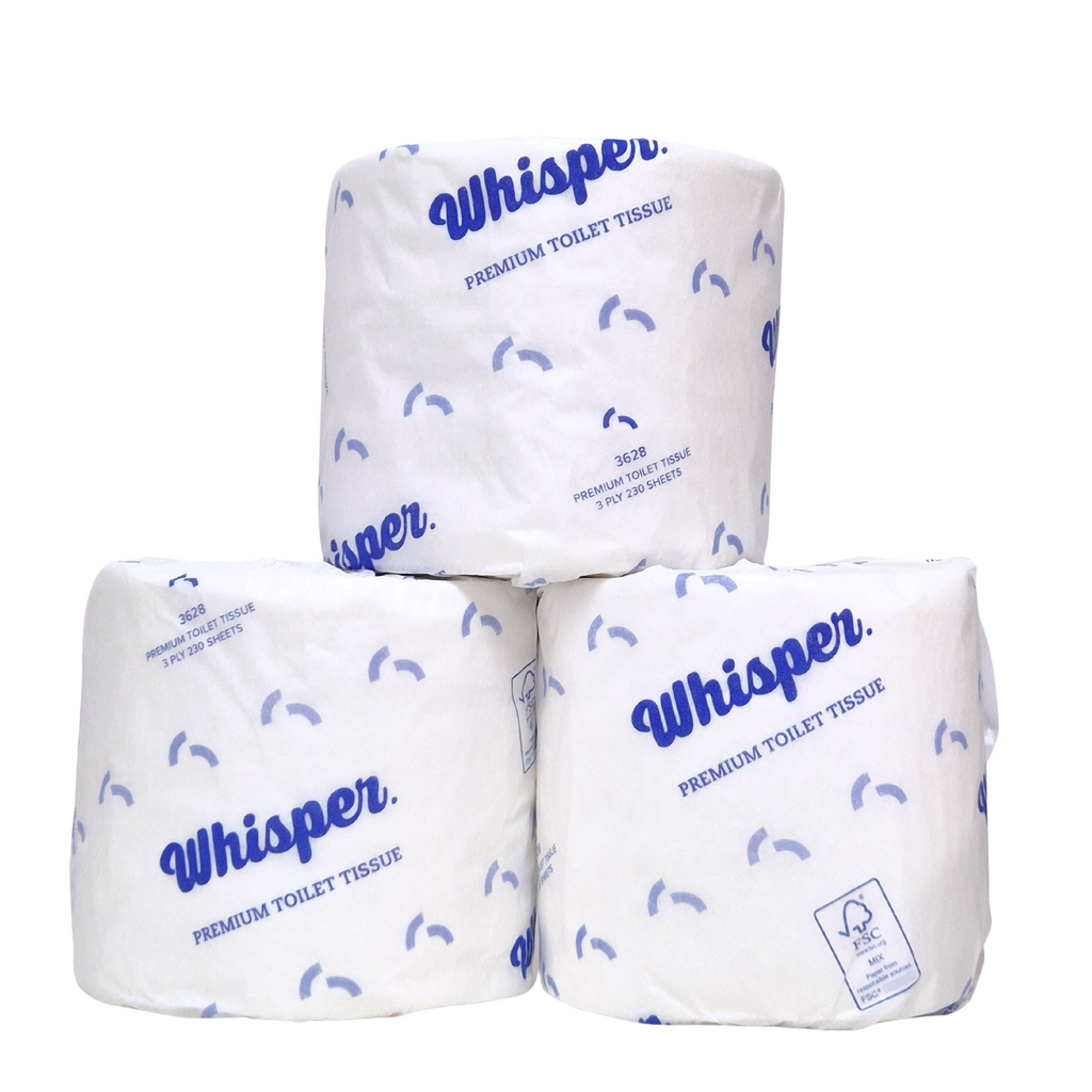 A premium 3ply toilet roll, embossed for strength and softness. 230 sheets of the best 3ply virgin pulp. When only the best is required. Whisper Paper, toilet tissue, toilet paper, white and blue wrapper, premium toilet paper, white background, FSC, 3 rolls stacked