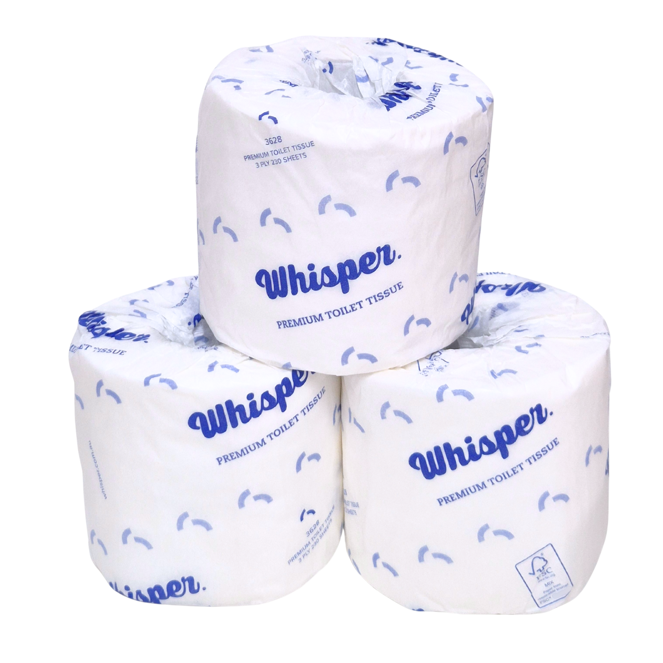 A premium 3ply toilet roll, embossed for strength and softness. 230 sheets of the best 3ply virgin pulp. When only the best is required. Whisper Paper, toilet tissue, toilet paper, white and blue wrapper, premium toilet paper, white background, FSC, 3 rolls stacked