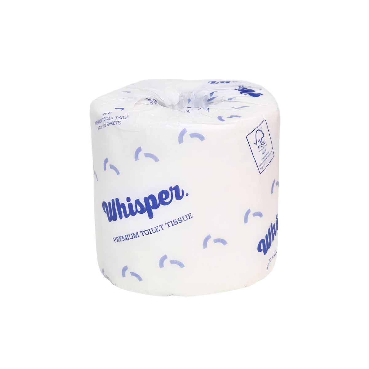 A premium 3ply toilet roll, embossed for strength and softness. 230 sheets of the best 3ply virgin pulp. When only the best is required. Whisper Paper, toilet tissue, toilet paper, white and blue wrapper, premium toilet paper, white background, FSC