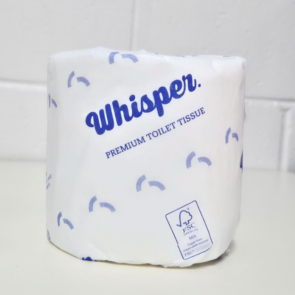 A premium 3ply toilet roll, embossed for strength and softness. 230 sheets of the best 3ply virgin pulp. When only the best is required. Whisper Paper, toilet tissue, toilet paper, white and blue wrapper, premium toilet paper, white brick background, FSC
