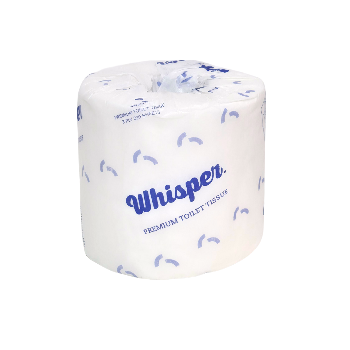 A premium 3ply toilet roll, embossed for strength and softness. 230 sheets of the best 3ply virgin pulp. When only the best is required. Whisper Paper, toilet tissue, toilet paper, white and blue wrapper, premium toilet paper, white background, FSC