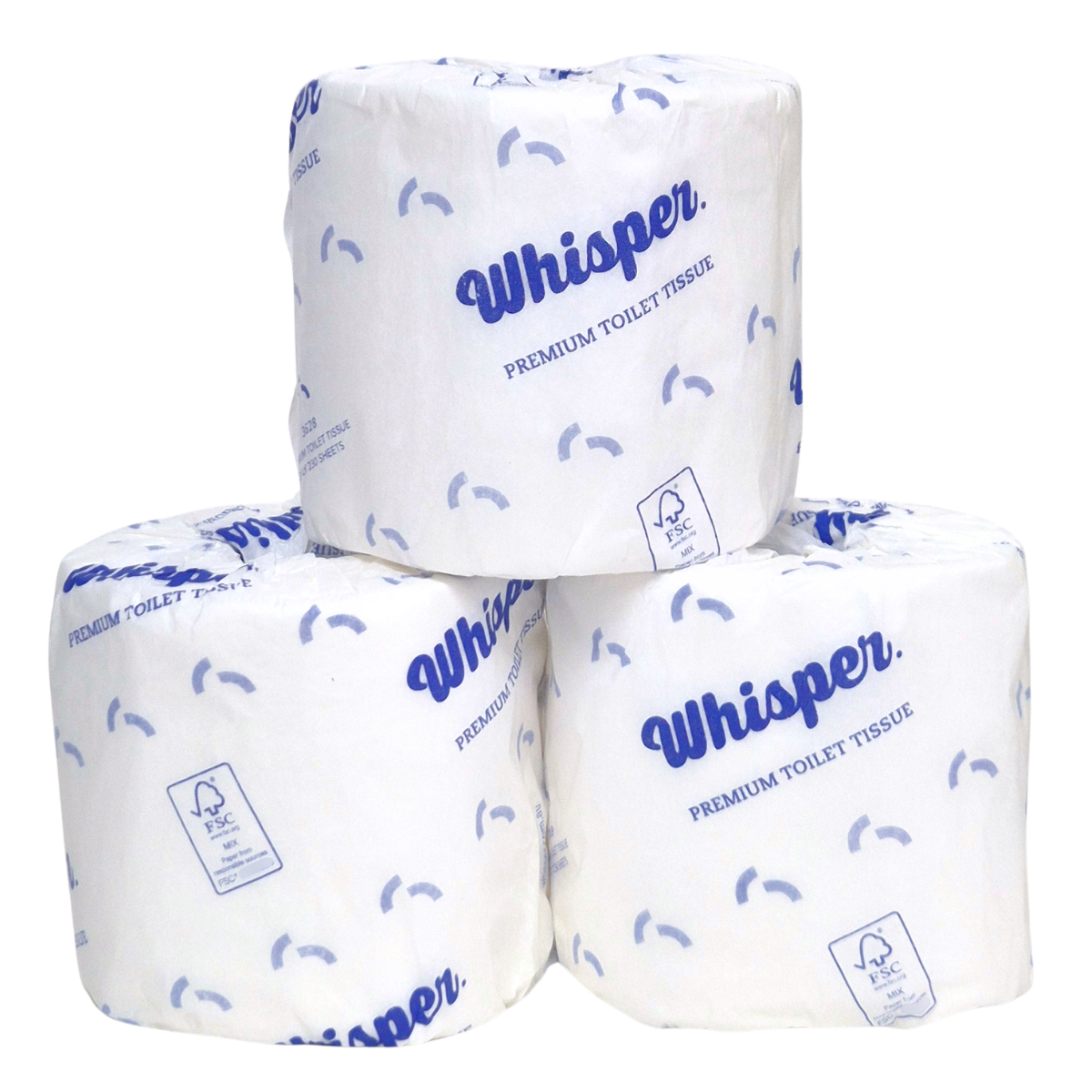 A premium 3ply toilet roll, embossed for strength and softness. 230 sheets of the best 3ply virgin pulp. When only the best is required. Whisper Paper, toilet tissue, toilet paper, white and blue wrapper, premium toilet paper, white background, FSC, stack of three