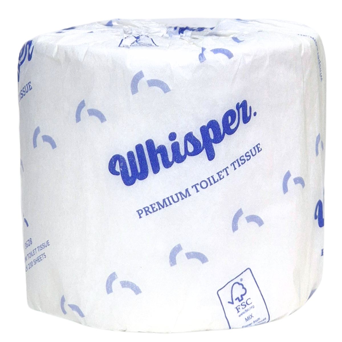 A premium 3ply toilet roll, embossed for strength and softness. 230 sheets of the best 3ply virgin pulp. When only the best is required. Whisper Paper, toilet tissue, toilet paper, white and blue wrapper, premium toilet paper, white background, FSC