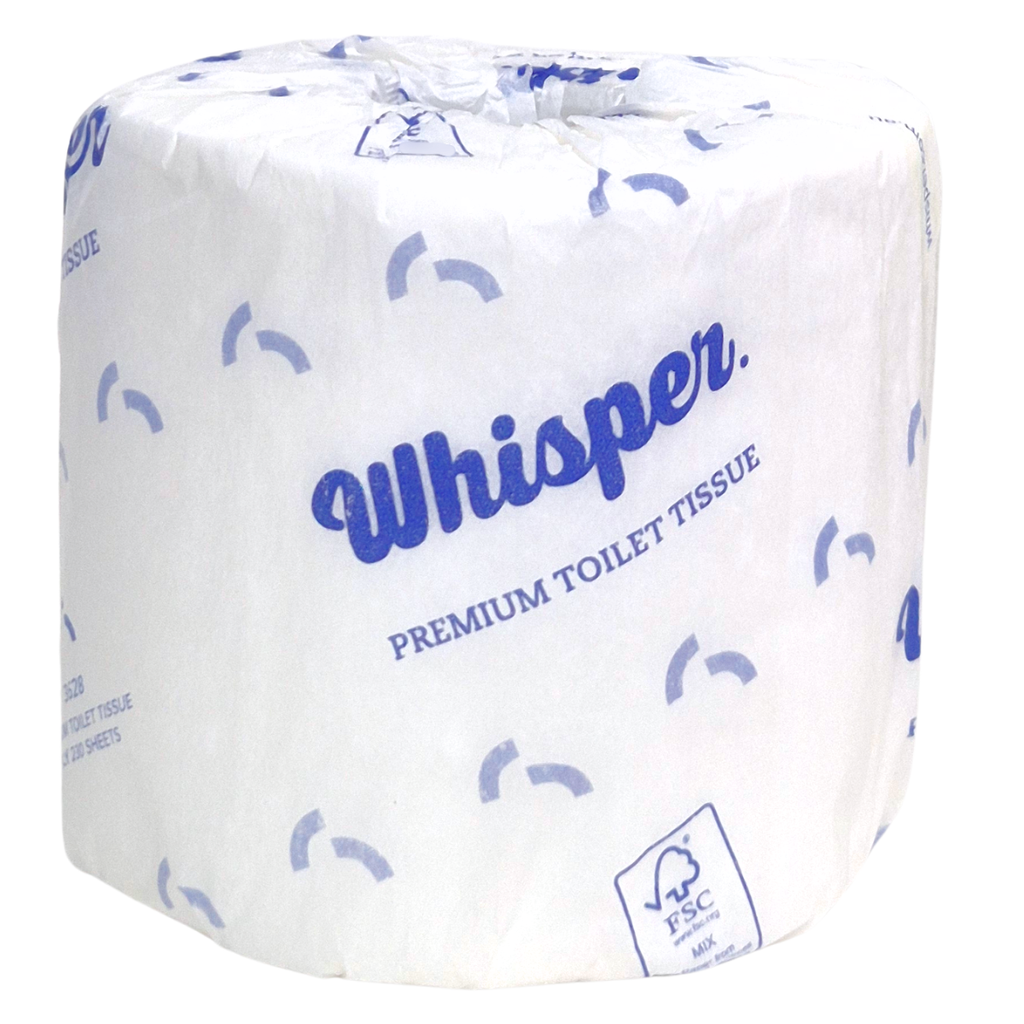 A premium 3ply toilet roll, embossed for strength and softness. 230 sheets of the best 3ply virgin pulp. When only the best is required. Whisper Paper, toilet tissue, toilet paper, white and blue wrapper, premium toilet paper, white background, FSC