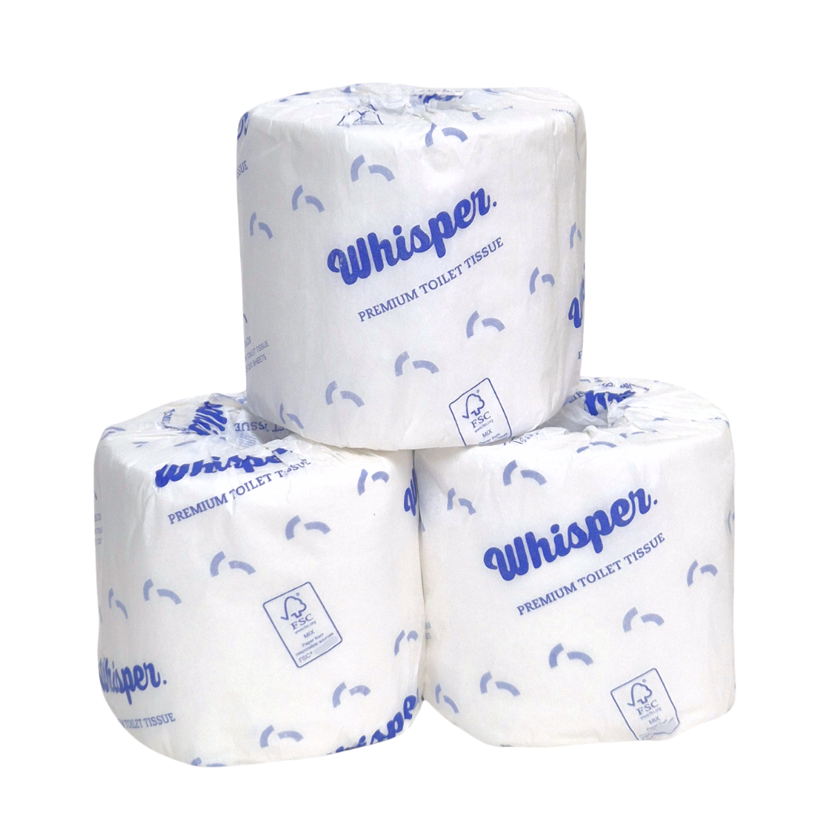 A premium 3ply toilet roll, embossed for strength and softness. 230 sheets of the best 3ply virgin pulp. When only the best is required. Whisper Paper, toilet tissue, toilet paper, white and blue wrapper, premium toilet paper, white background, FSC, stack of three