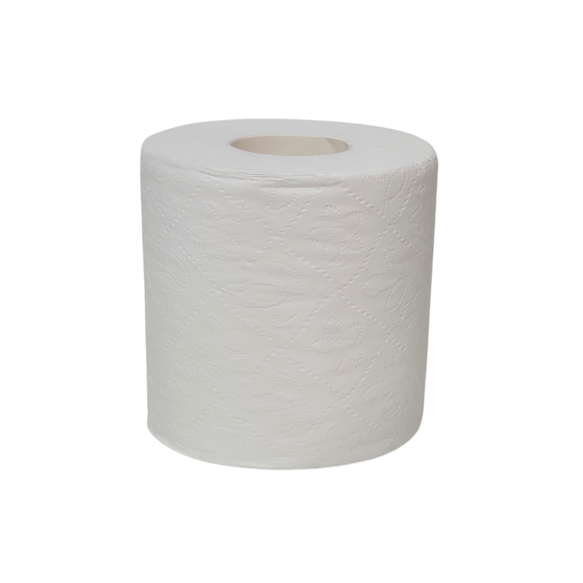 White paper towel roll on a white background. Whisper's 3644 embossing design. Toilet tissue, toilet paper, toilet paper embossing, white