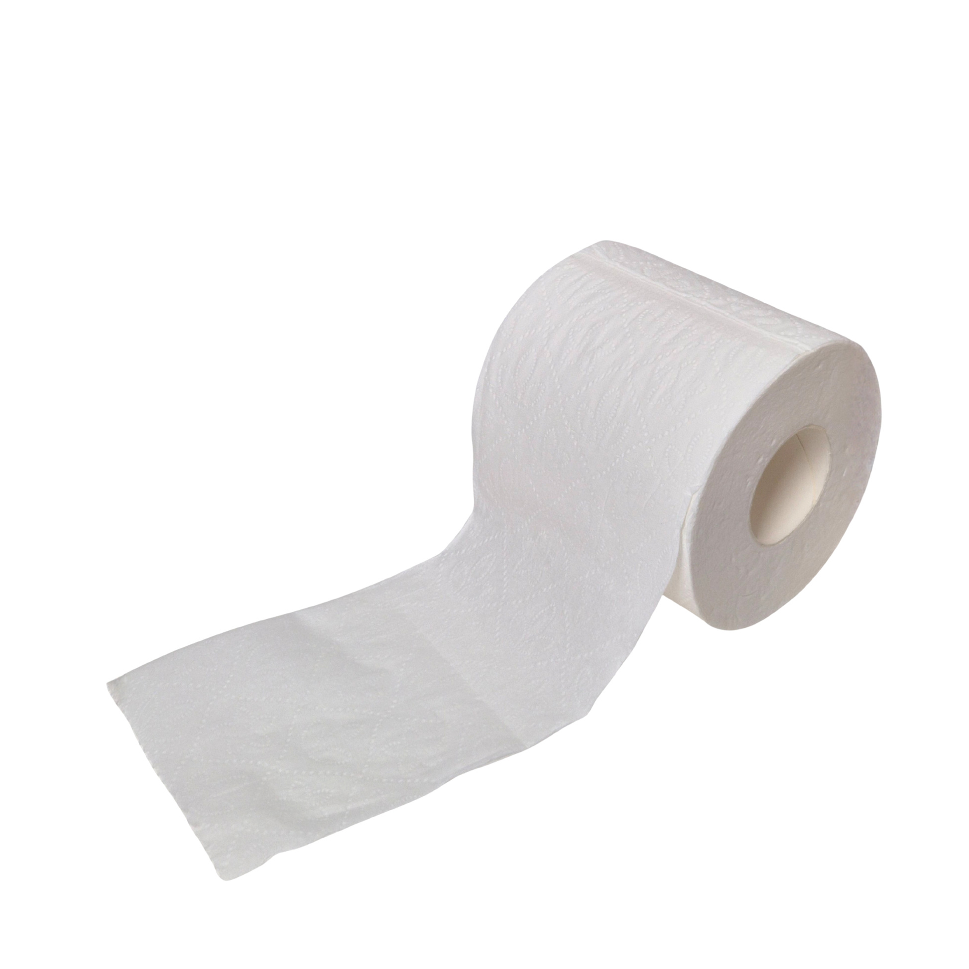White paper towel roll on a white background. Whisper's 3644 embossing design. Toilet tissue, toilet paper, toilet paper embossing, white, rolled out