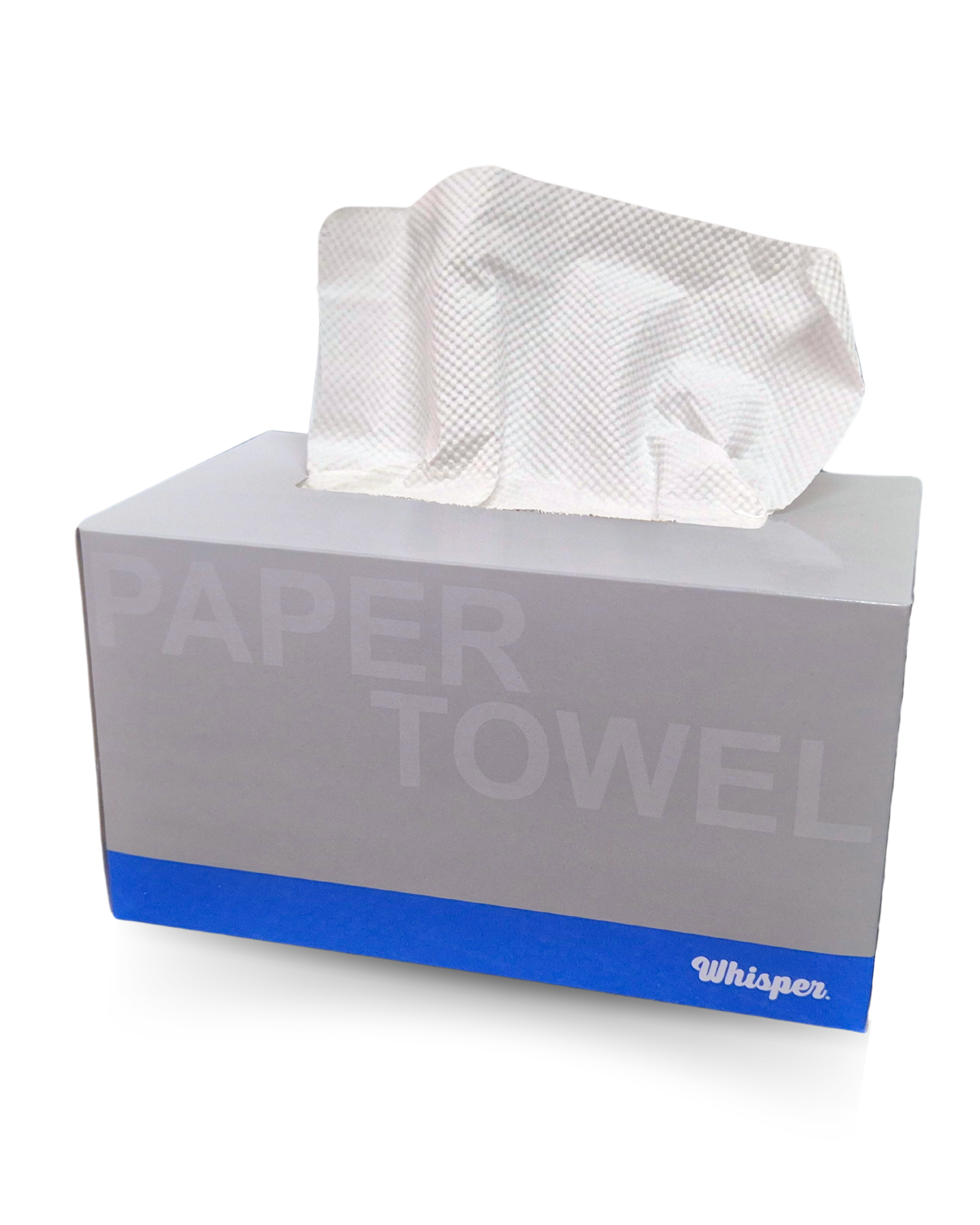 Whisper paper, paper towel, paper towel box, whisper folded towel, paper towel in a box, 2ply, 2ply paper towel, hygienic paper towels, Covid-19 safe, convenient, innovative paper towels