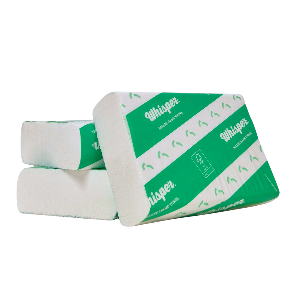 A compact hand towel with a green and white design, featuring the Whisper brand logo. 25 x 19cm Sheet, 16 Packs per carton, 150 Sheets packs, 1 Ply