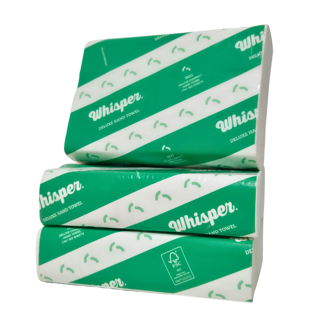 A compact hand towel with a green and white design, featuring the Whisper brand logo. 25 x 19cm Sheet, 16 Packs per carton, 150 Sheets packs, 1 Ply