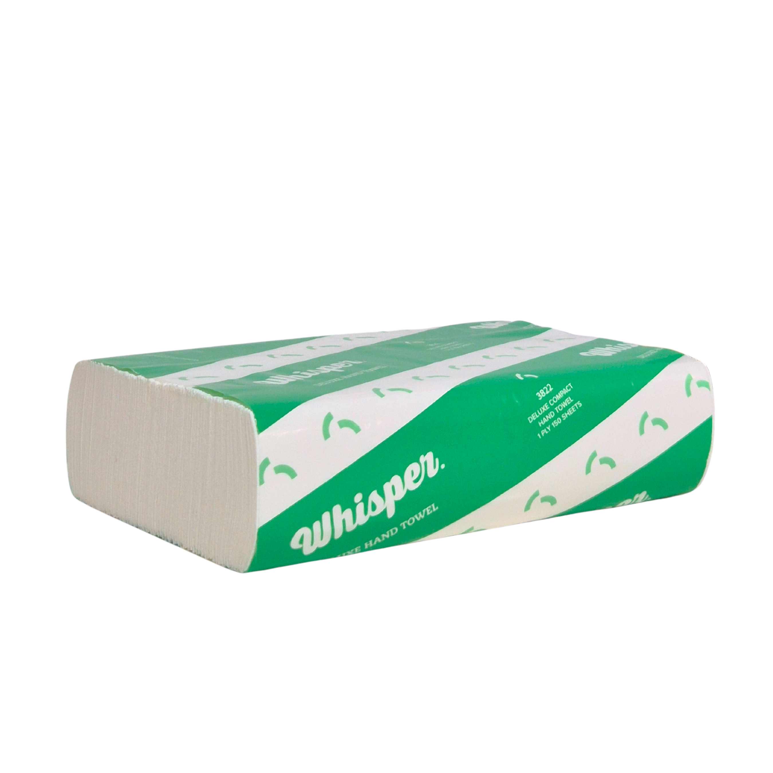 A compact hand towel with a green and white design, featuring the Whisper brand logo. 25 x 19cm Sheet, 16 Packs per carton, 150 Sheets packs, 1 Ply