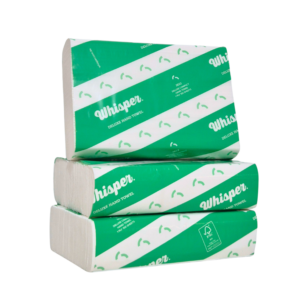 A compact hand towel with a green and white design, featuring the Whisper brand logo. 25 x 19cm Sheet, 16 Packs per carton, 150 Sheets packs, 1 Ply