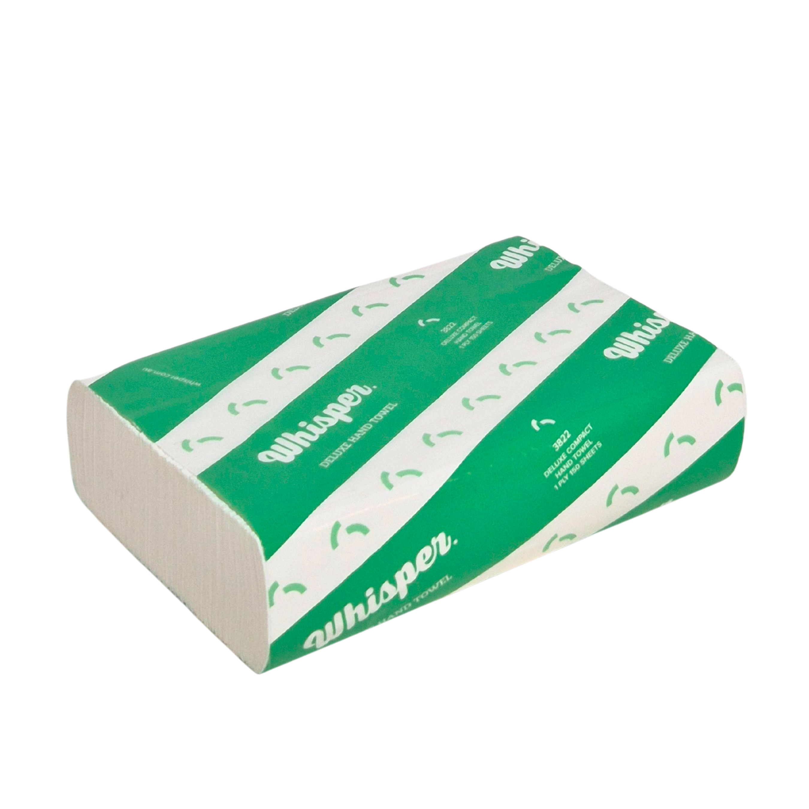 A compact hand towel with a green and white design, featuring the Whisper brand logo. 25 x 19cm Sheet, 16 Packs per carton, 150 Sheets packs, 1 Ply