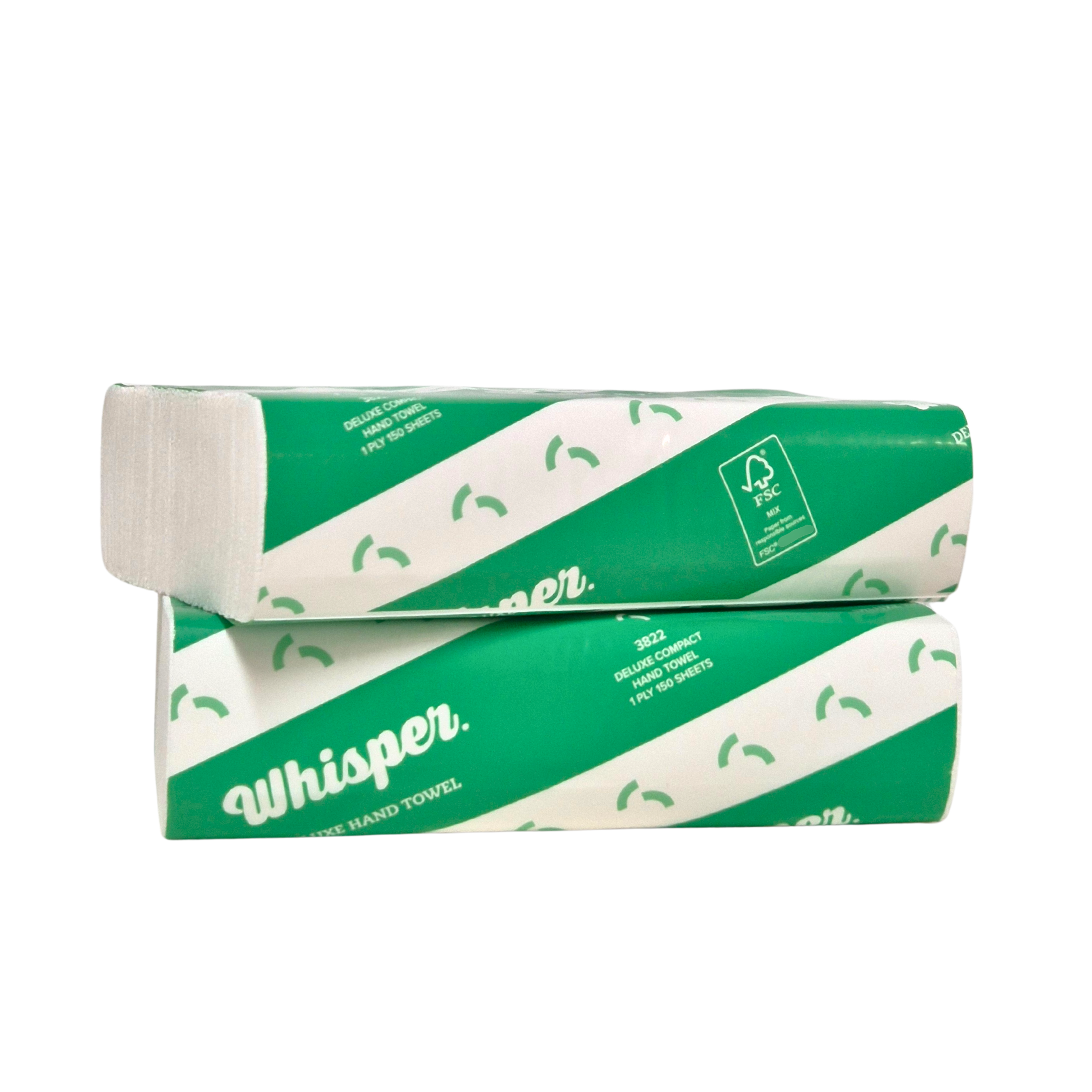 A compact hand towel with a green and white design, featuring the Whisper brand logo. 25 x 19cm Sheet, 16 Packs per carton, 150 Sheets packs, 1 Ply