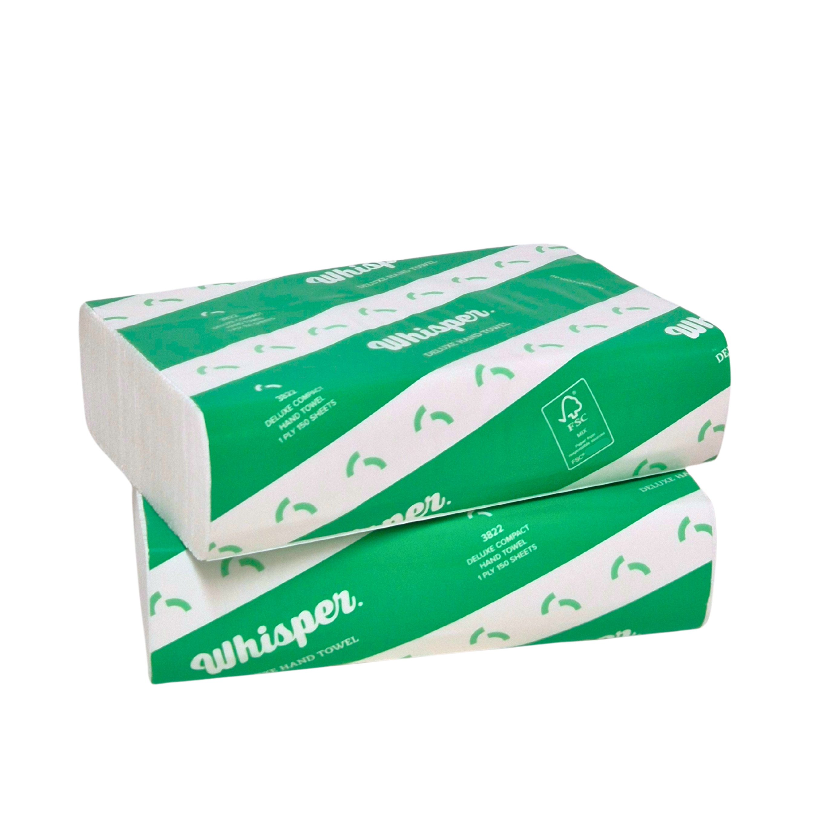 A compact hand towel with a green and white design, featuring the Whisper brand logo. 25 x 19cm Sheet, 16 Packs per carton, 150 Sheets packs, 1 Ply
