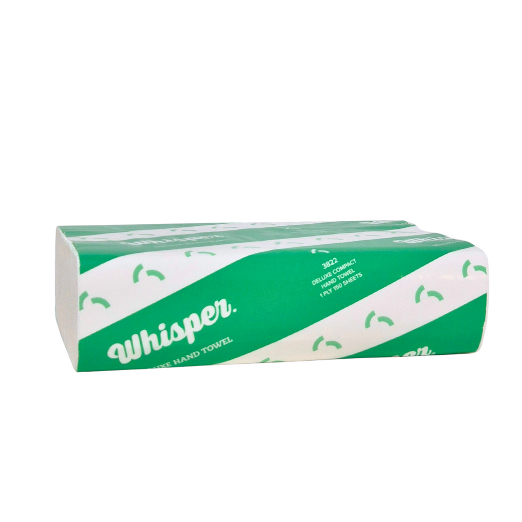 A compact hand towel with a green and white design, featuring the Whisper brand logo. 25 x 19cm Sheet, 16 Packs per carton, 150 Sheets packs, 1 Ply