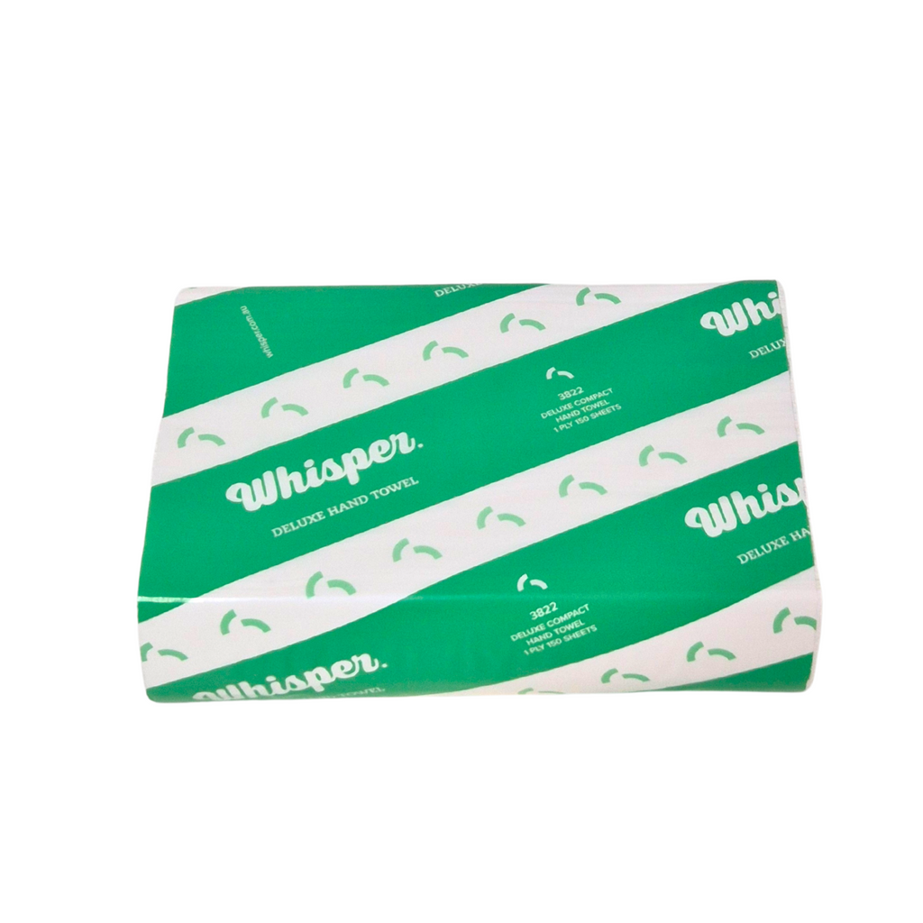 A compact hand towel with a green and white design, featuring the Whisper brand logo. 25 x 19cm Sheet, 16 Packs per carton, 150 Sheets packs, 1 Ply