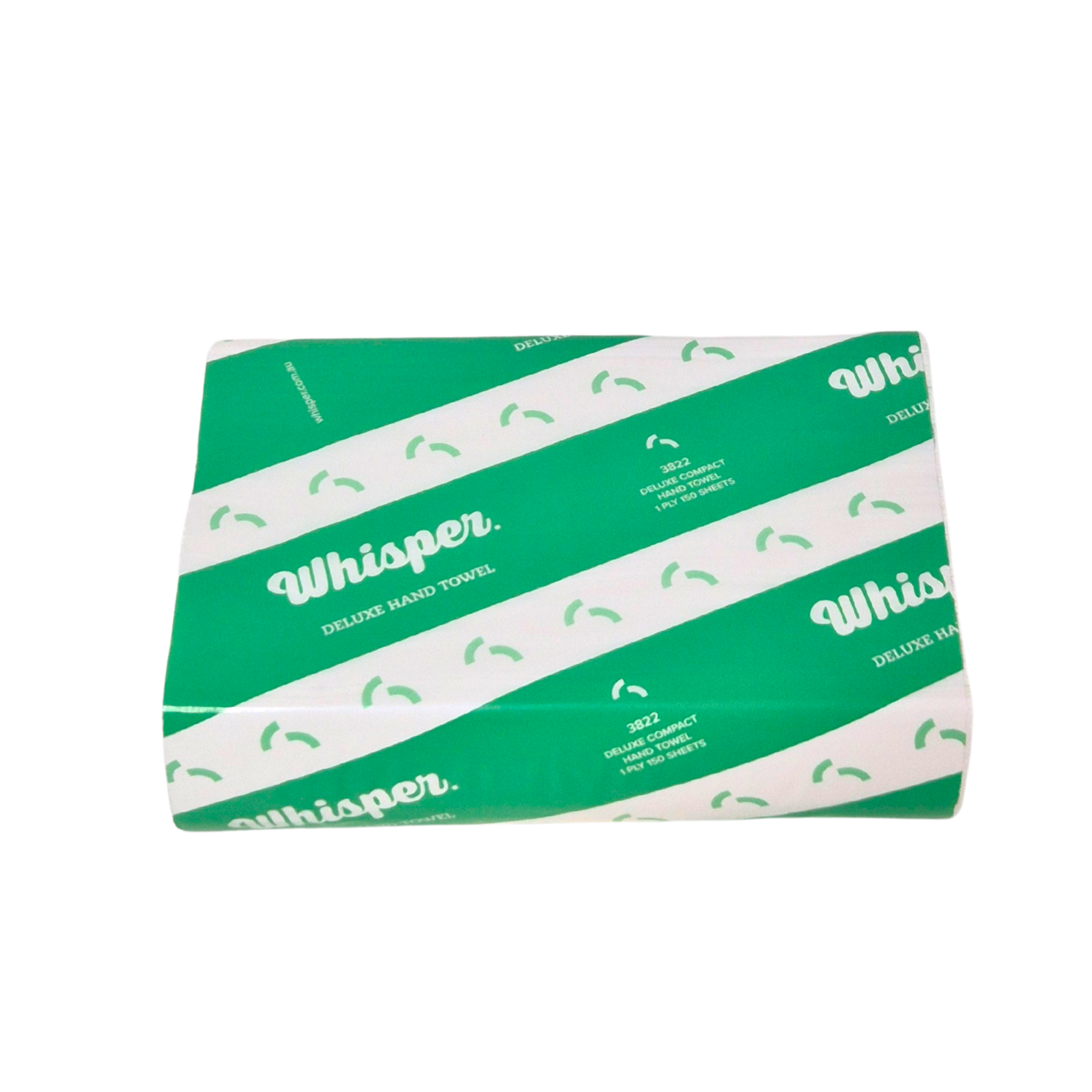 A compact hand towel with a green and white design, featuring the Whisper brand logo. 25 x 19cm Sheet, 16 Packs per carton, 150 Sheets packs, 1 Ply