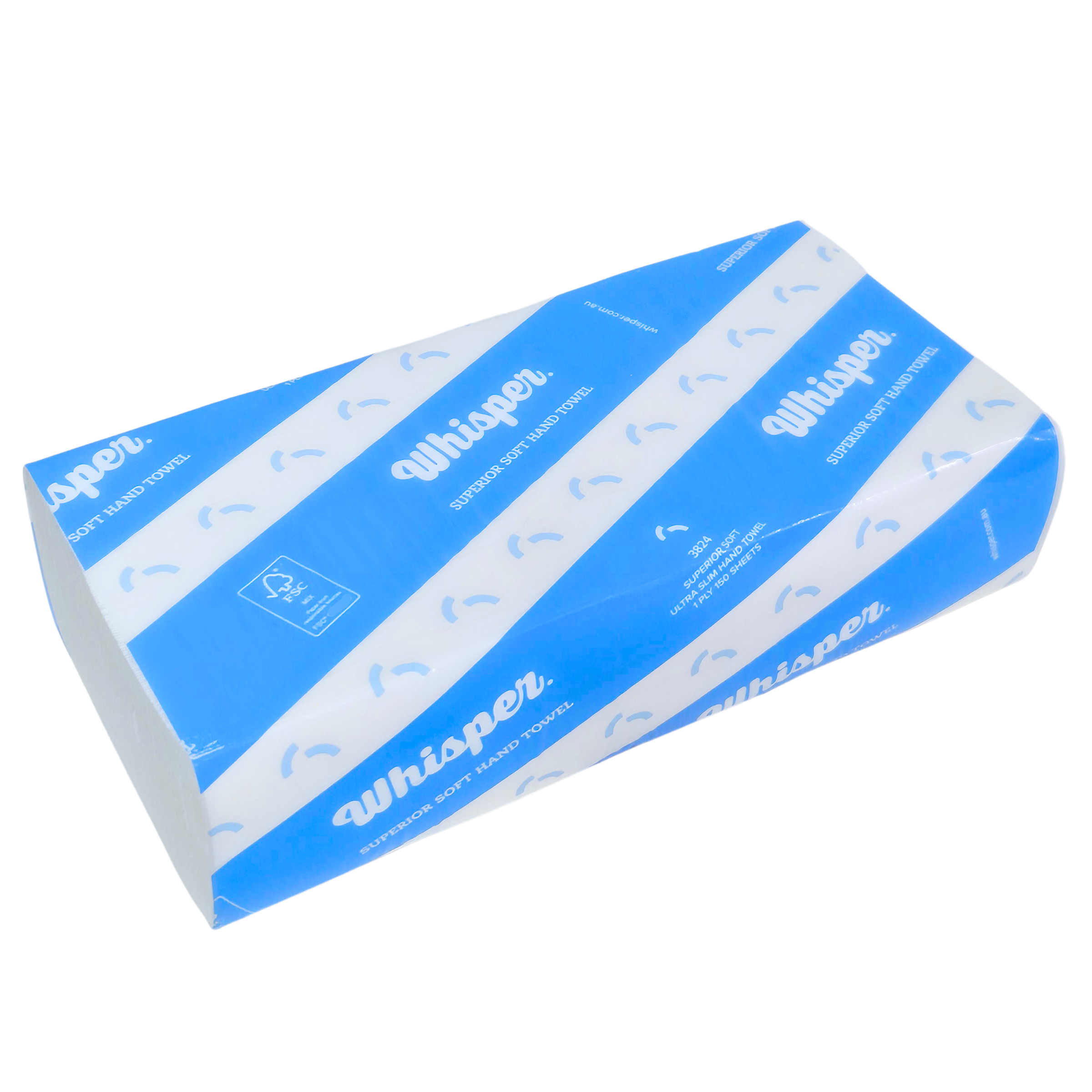 3824 Whisper paper hand towel folded, superior soft hand towel, blue stripped packaging, white virgin wood, white background