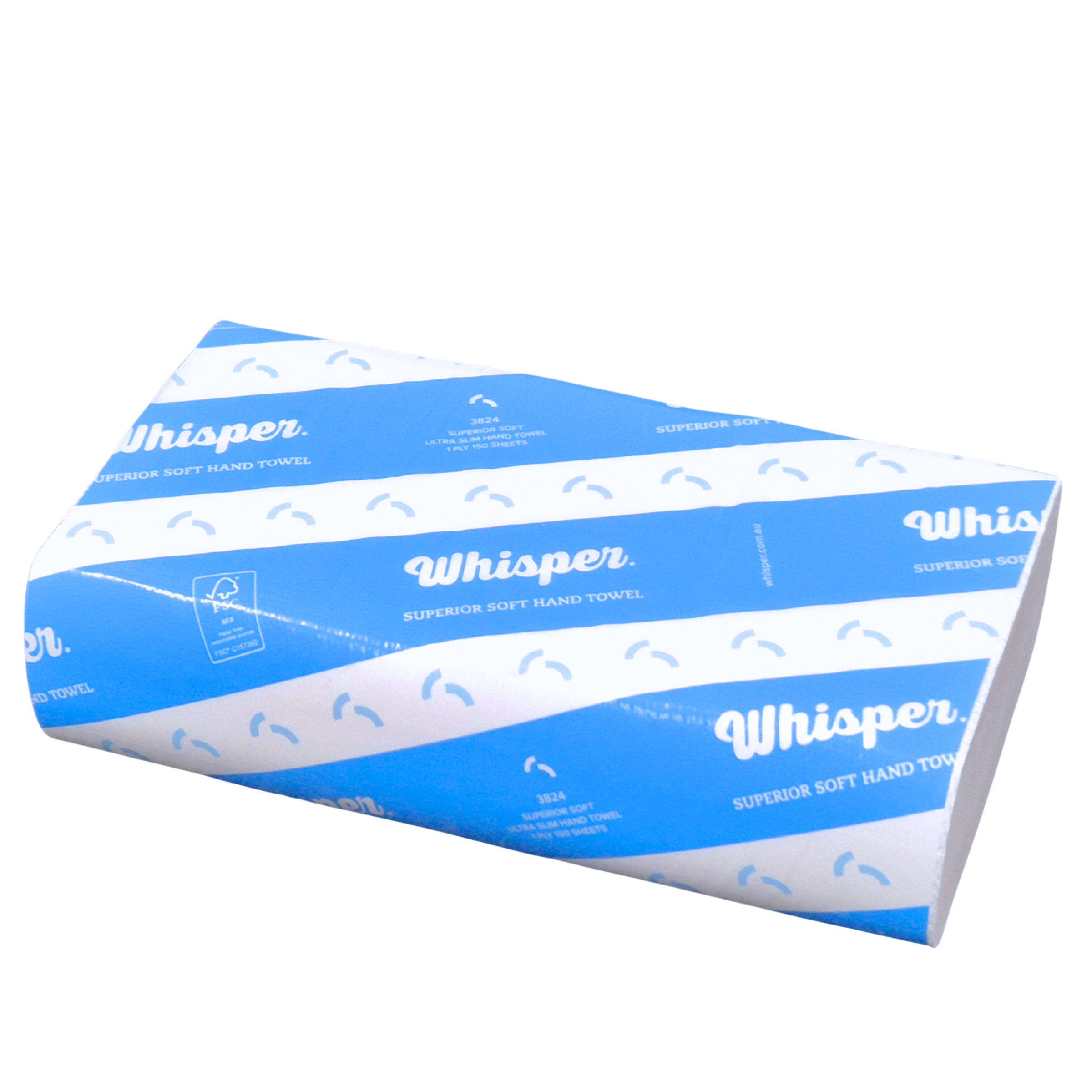 3824 Whisper paper hand towel folded, superior soft hand towel, blue stripped packaging, white virgin wood, white background