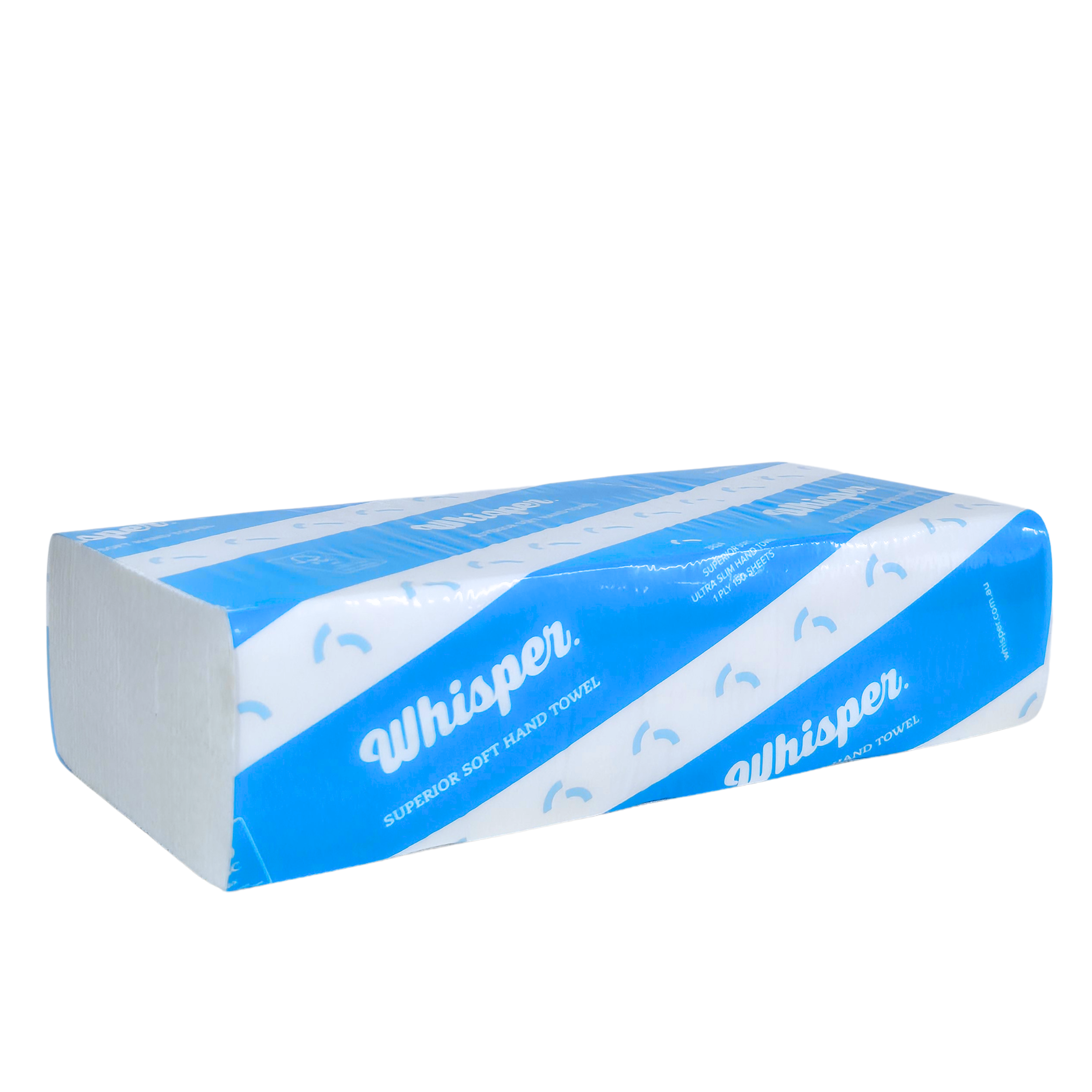 3824 Whisper paper hand towel folded, superior soft hand towel, blue stripped packaging, white virgin wood, white background
