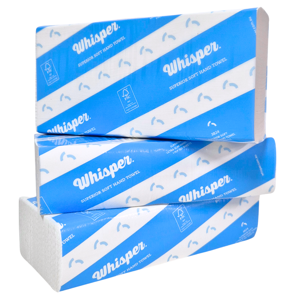 3824 Whisper paper hand towel folded, superior soft hand towel, blue stripped packaging, white virgin wood, white background, 3 stacked on top of each other