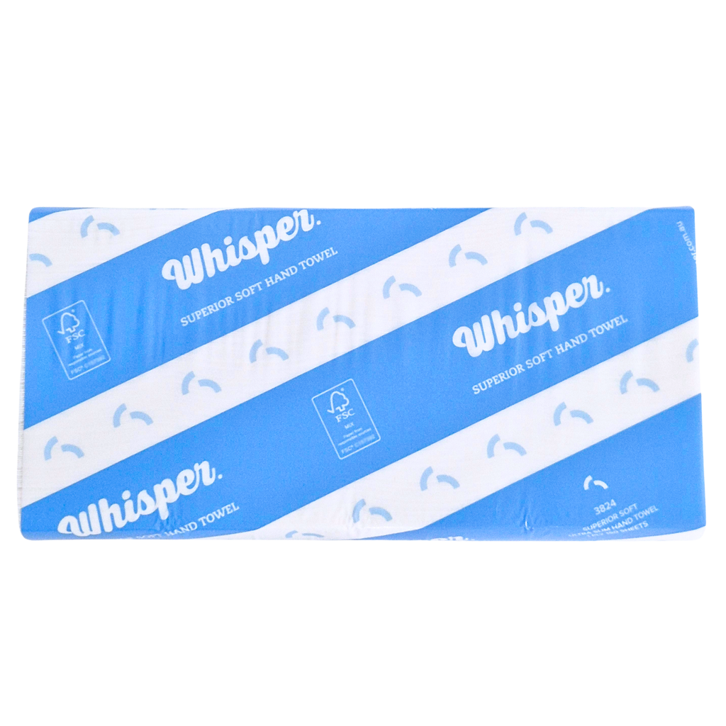 3824 Whisper paper hand towel folded, superior soft hand towel, blue stripped packaging, white virgin wood, white background
