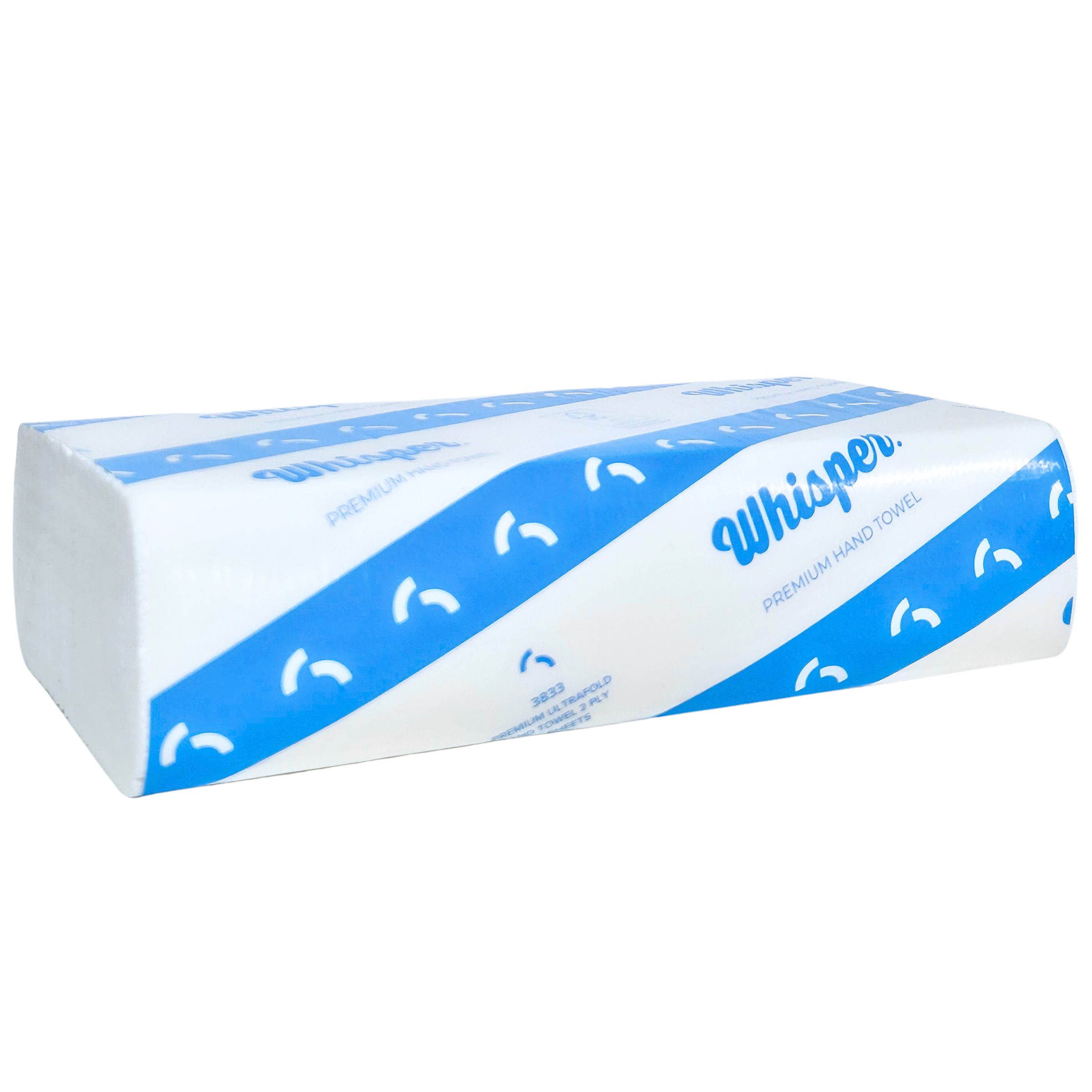 Premium Ultrafold Hand Towel 2ply, Whisper 3833, Blue stripe packaging on white background, white papaer hand towel product
