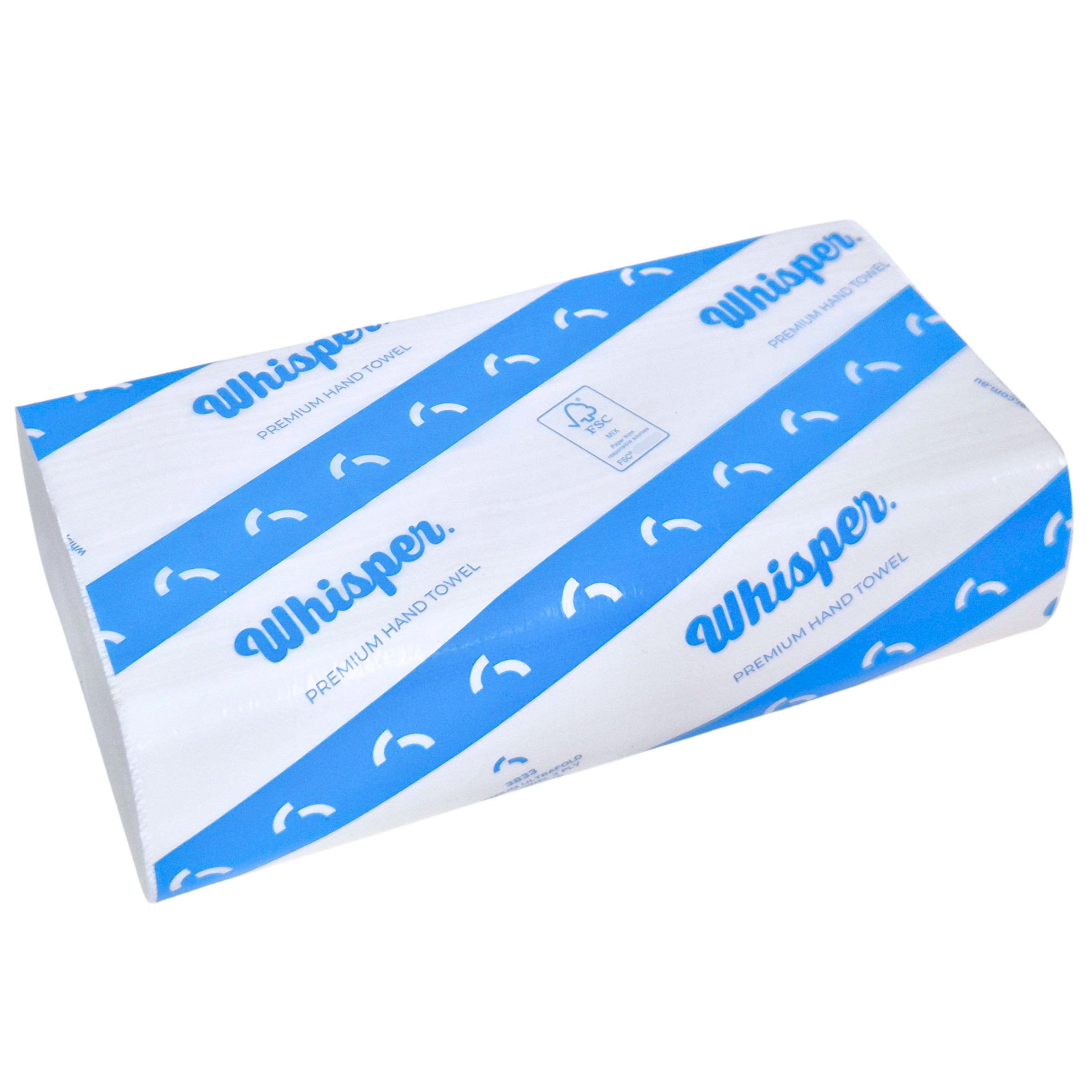 Premium Ultrafold Hand Towel 2ply, Whisper 3833, Blue stripe packaging on white background, white papaer hand towel product